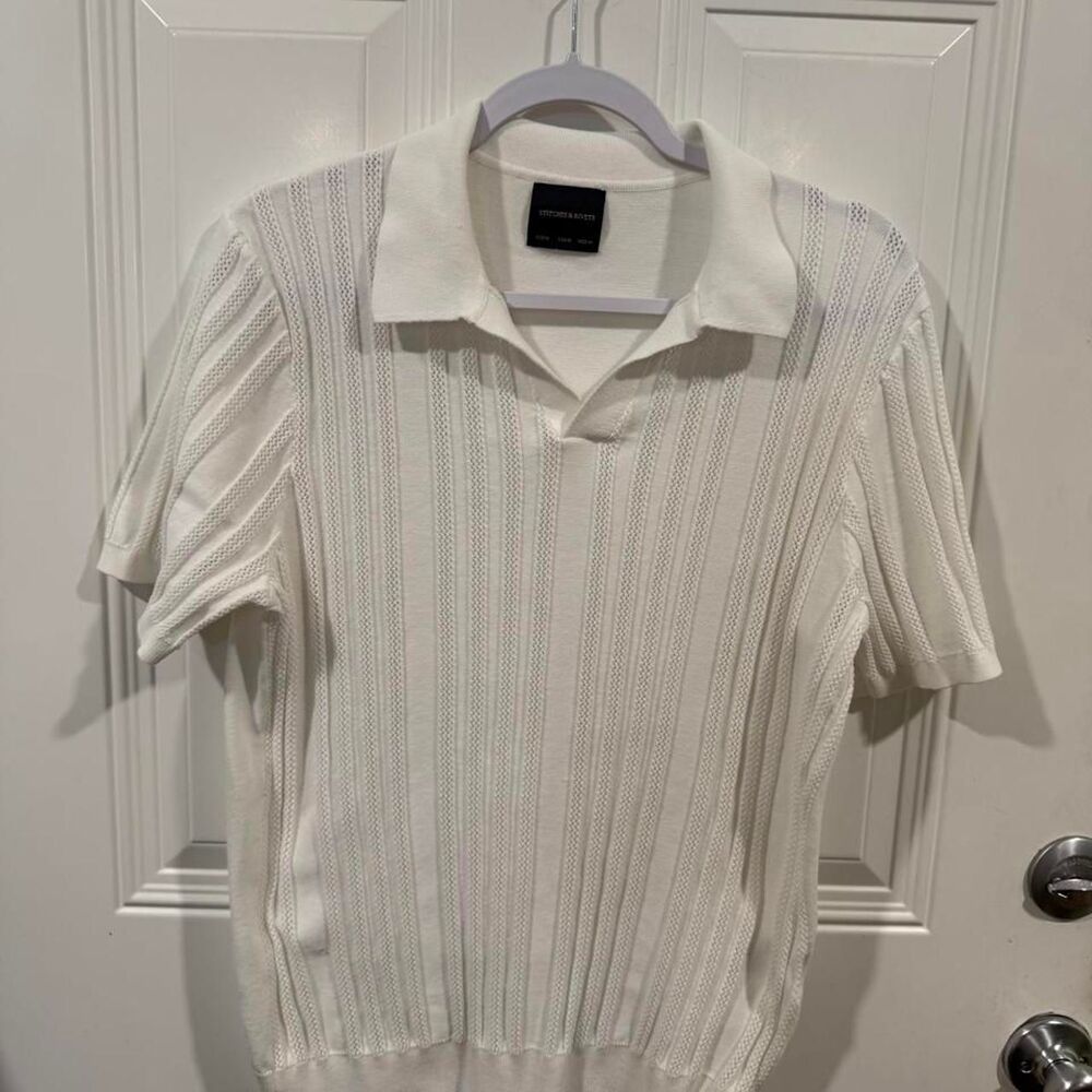 Stitches & Rivets White Knit Polo Shirt Men's Johnny Collar Open Stitch Ribbed